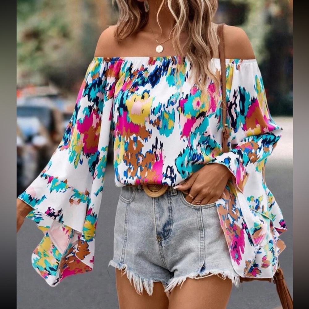 Boho White Tie Dye Print Off Shoulder Flounce Sleeve Top Blouse Shirt